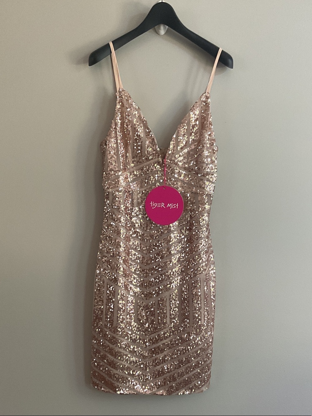 Tigermist Rose Gold Sequin Geometric Mini Dress | Sparkly Party Cocktail Dress - Picture 3 of 4